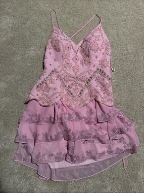 Embellished Pink Tiered Mini Dress